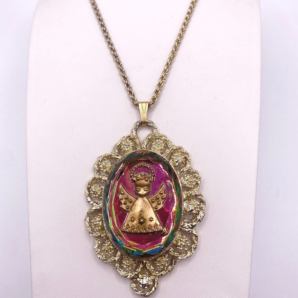 Vintage Glass Angel Intaglio Cameo Chrome Pendant 2" and Necklace 22” long